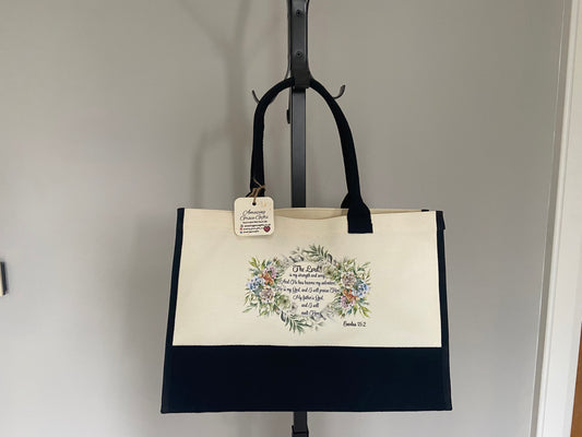 Large Canvas Tote Bag Contrast Black/ Cream The Lord Is My Strength & Song Exodus 15:2