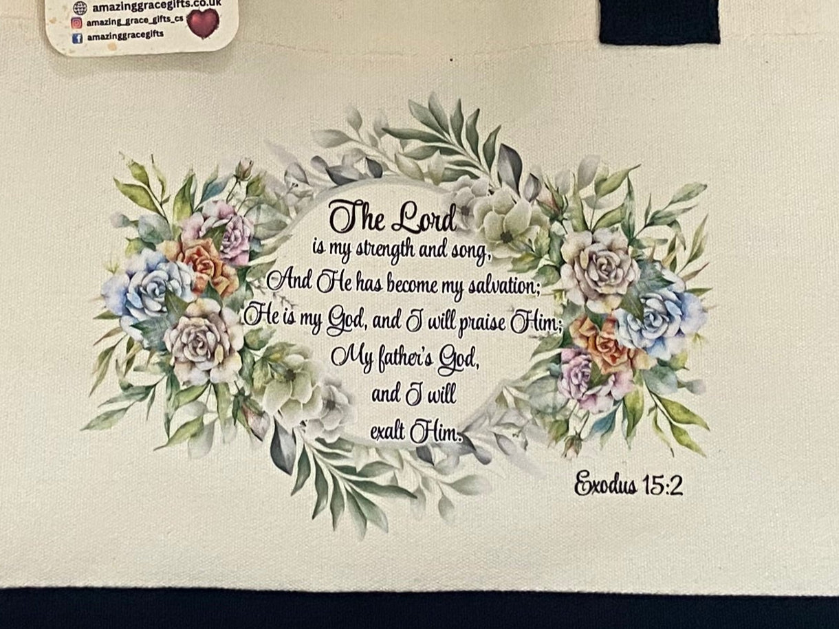 Large Canvas Tote Bag Contrast Black/ Cream The Lord Is My Strength & Song Exodus 15:2