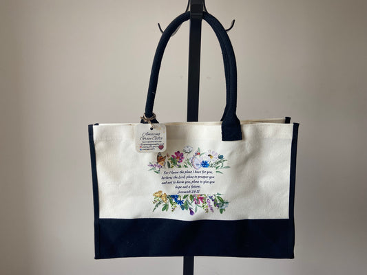 Large Canvas Tote Bag Contrast Black/ Cream For I Know The Plans I have for you Jeremiah 29:11