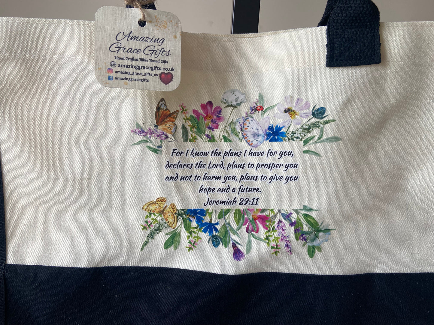 Large Canvas Tote Bag Contrast Black/ Cream For I Know The Plans I have for you Jeremiah 29:11