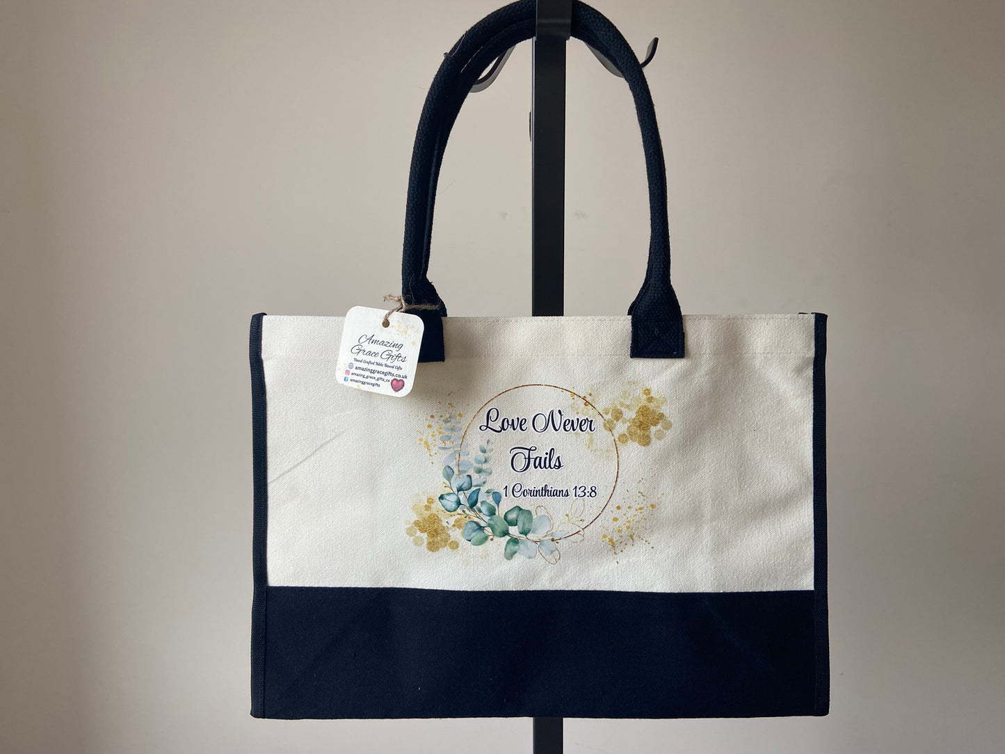 Large Canvas Tote Bag Contrast Black/ Cream Love Never Fails 1 Corinthians 13:8
