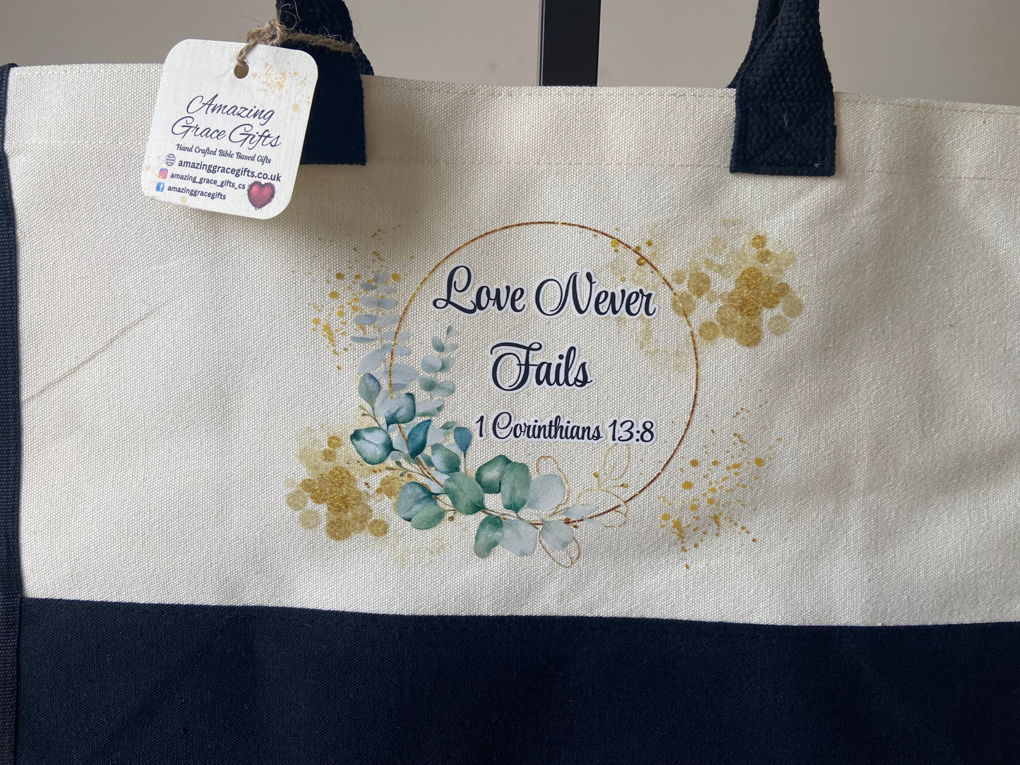 Large Canvas Tote Bag Contrast Black/ Cream Love Never Fails 1 Corinthians 13:8