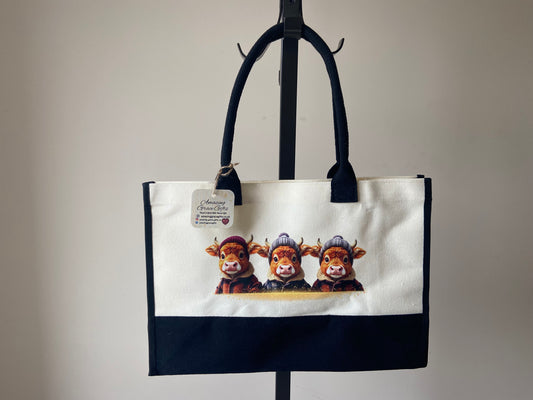 Large Canvas Tote Bag Contrast Black/ Cream Highland Cows