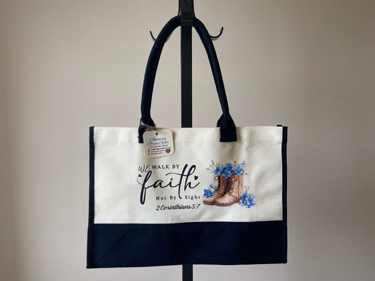 Large Canvas Tote Bag Contrast Black/ Cream We Walk By Faith 2 Corinthians 5:7