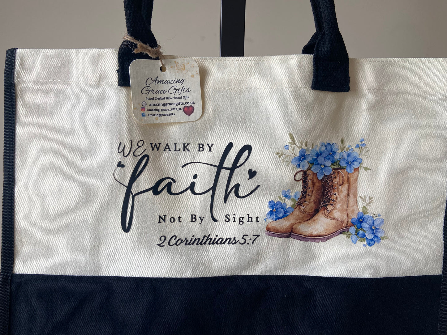 Large Canvas Tote Bag Contrast Black/ Cream We Walk By Faith 2 Corinthians 5:7