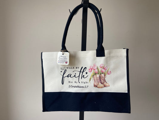 Large Canvas Tote Bag Contrast Black/ Cream We Walk By Faith 2 Corinthians 5:7