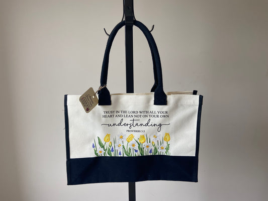 Large Canvas Tote Bag Contrast Black/ Cream Trust In The Lord with all your Heart Proverbs 3:5