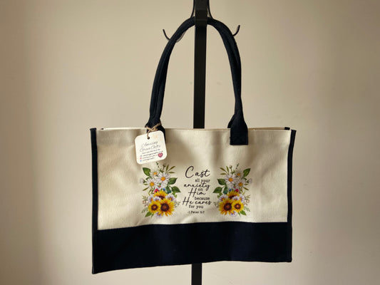 Large Canvas Tote Bag Contrast Black/ Cream The Steadfast love of The Lord never ceases Lam 3:22-23