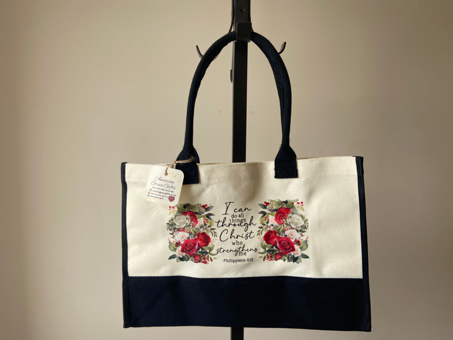 Large Canvas Tote Bag Contrast Black/ Cream I can do all things through Christ Philippians 4:13