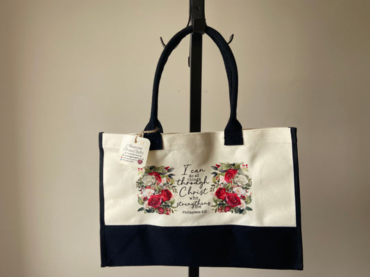 Large Canvas Tote Bag Contrast Black/ Cream I can do all things through Christ Philippians 4:13