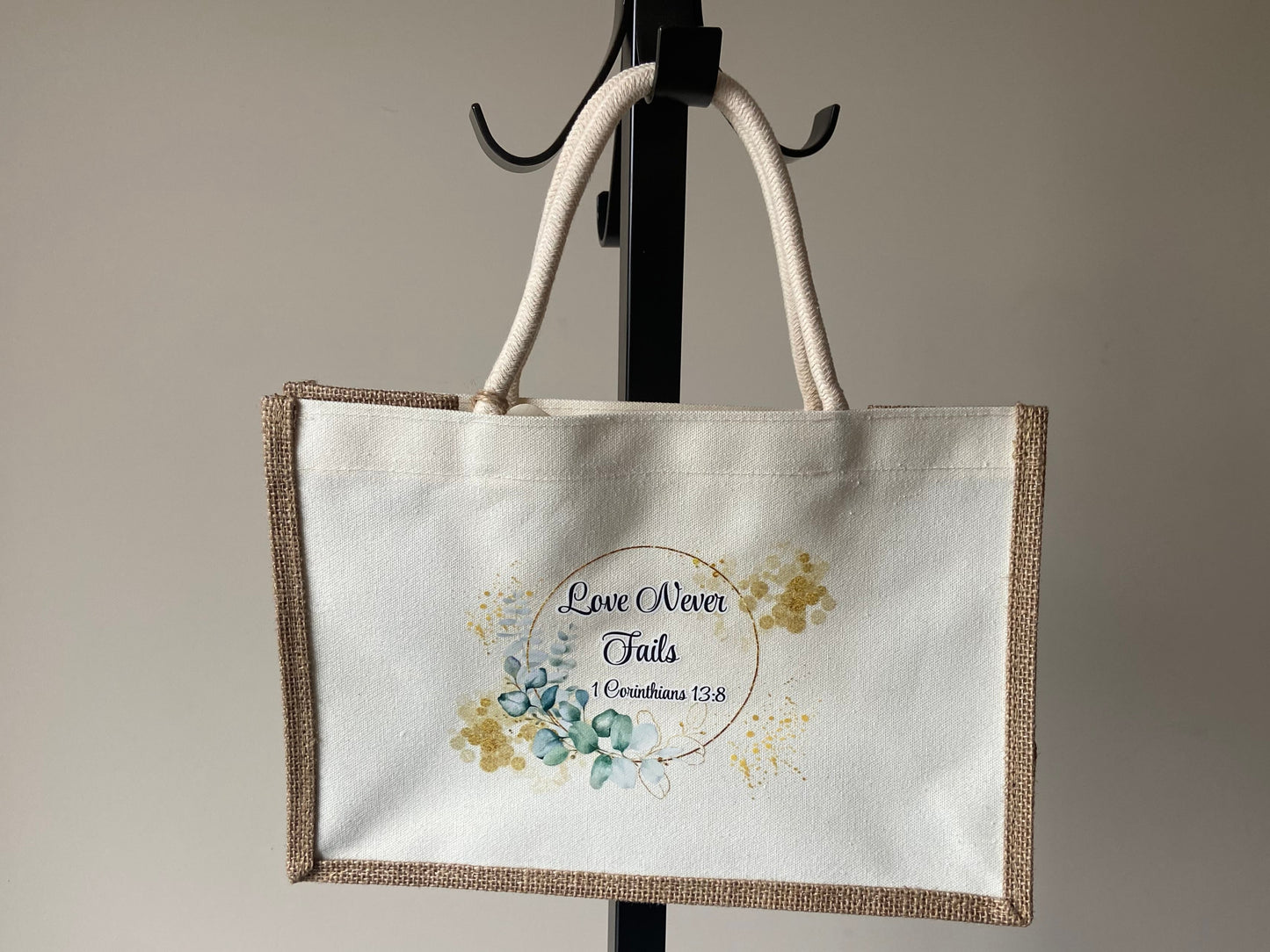 Medium Canvas Tote Bag - Love Never Fails 1 Corinthians 13:8