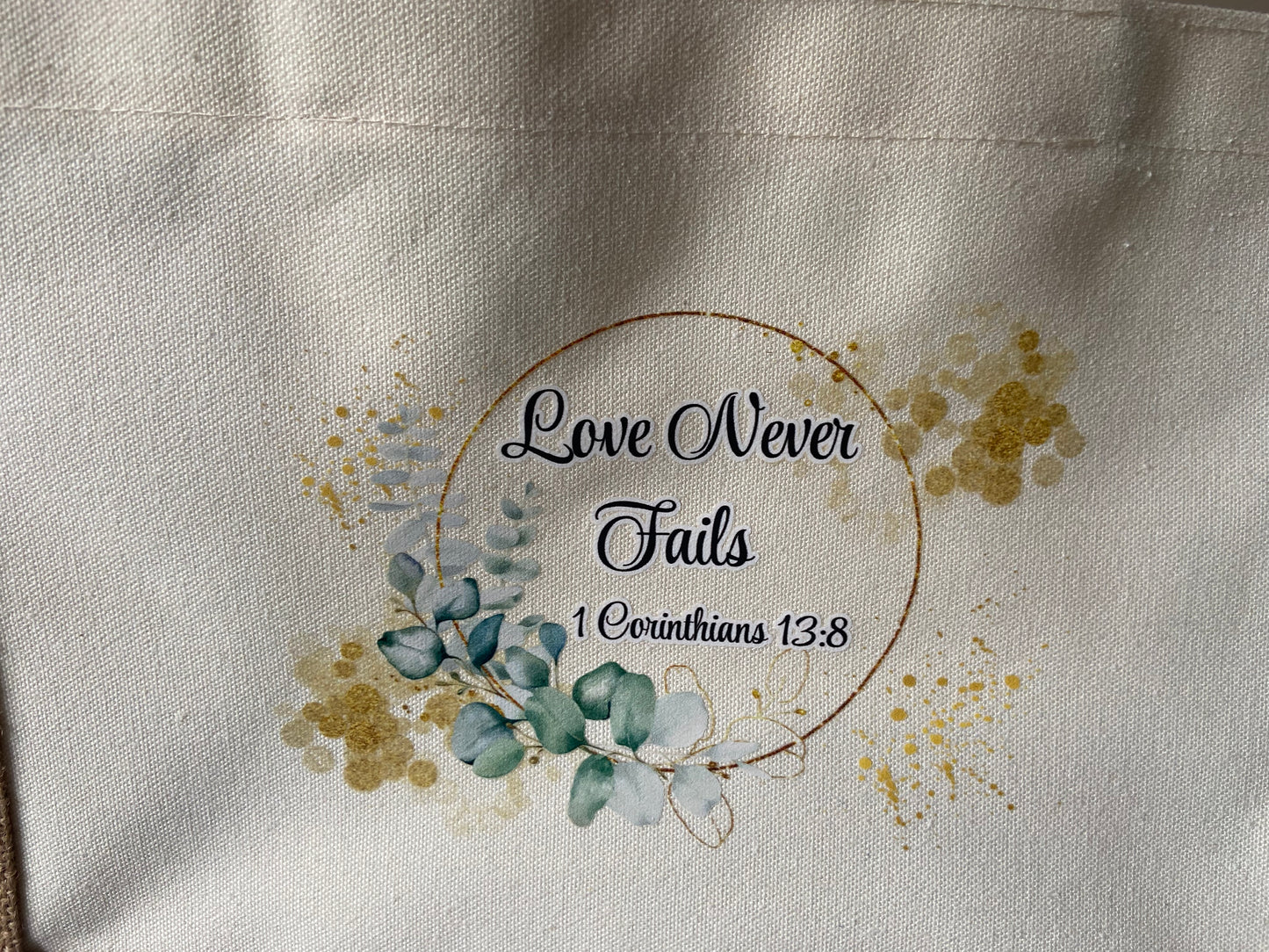 Medium Canvas Tote Bag - Love Never Fails 1 Corinthians 13:8