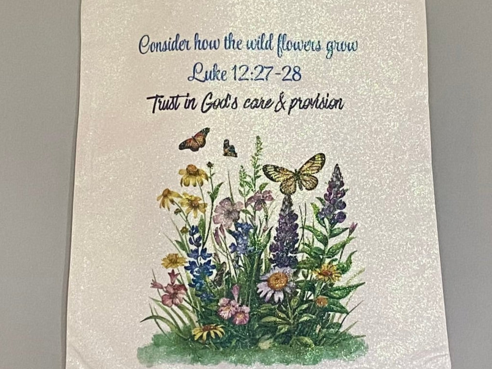Flat Large White Glitter Tote Bag - Consider How The Wildflowers Grow Luke 12:27-28