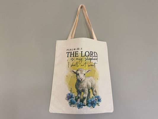 Flat Large White Glitter Tote Bag - The Lord Is My Shepherd I Shall Not Want Psalm 23:1