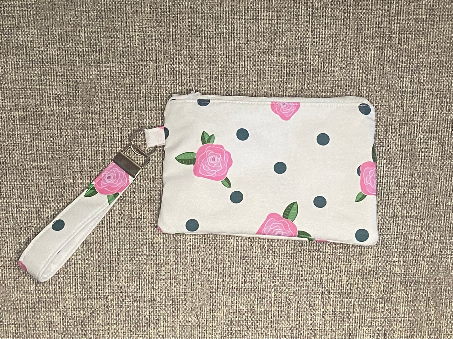 Wristlet Keychain Zip Pouch -Rose Black Spots
