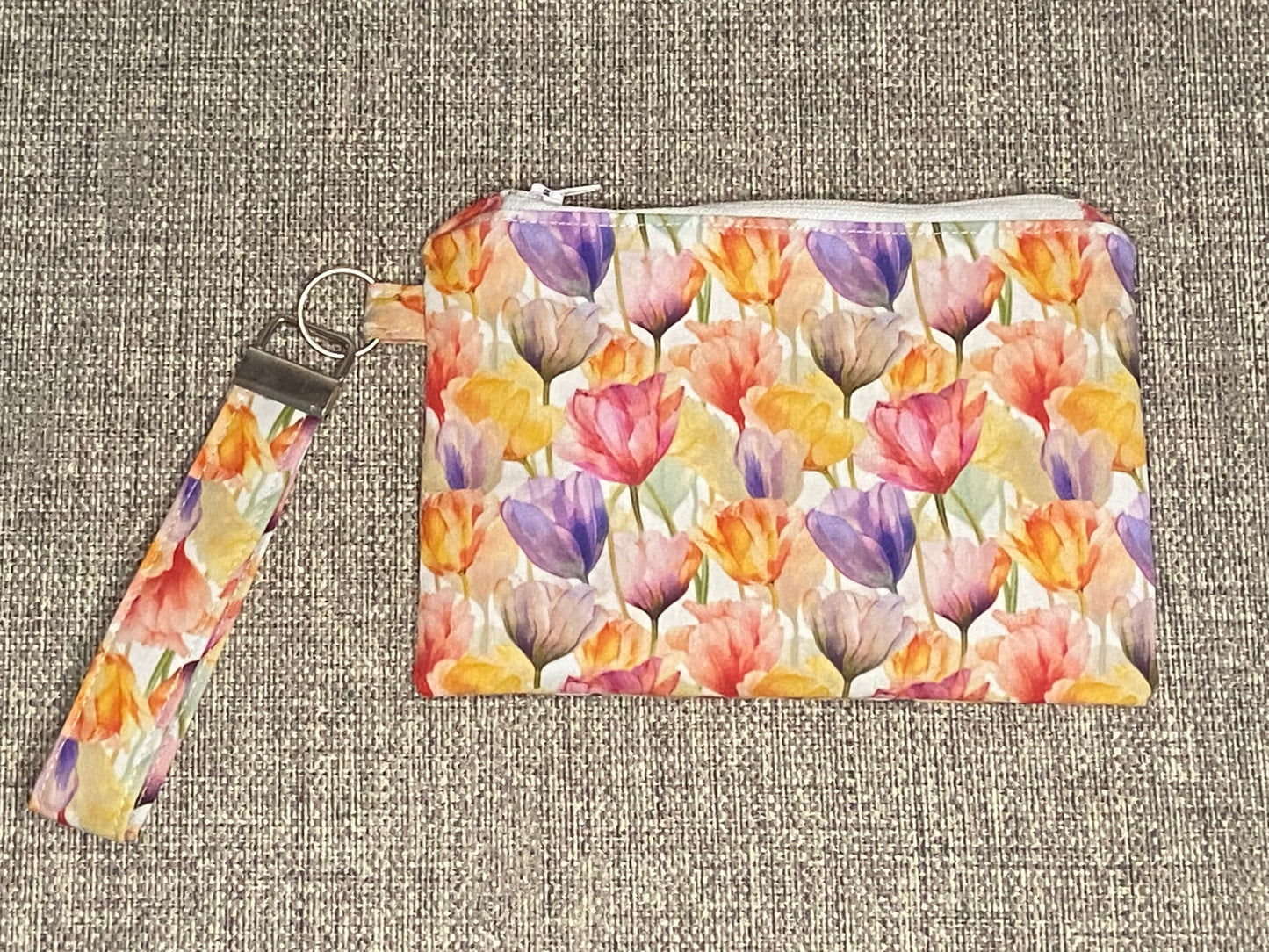 Wristlet Keychain Zip Pouch -Colourful Tulip Garden