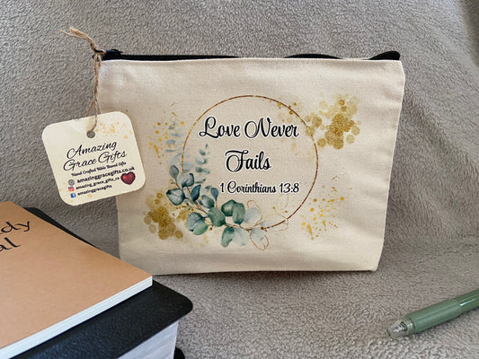 Canvas Pencil Case - Love Never Fails 1 Corinthians 13:8