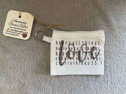 Canvas Keychain Coin Pouch - Love bears, believes, hopes, endures 1 Corinthians 13:7
