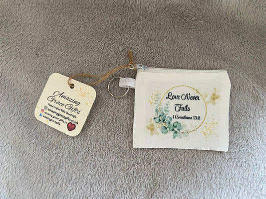 Canvas Keychain Coin Pouch - Love Never Fails 1 Corinthians 13:8