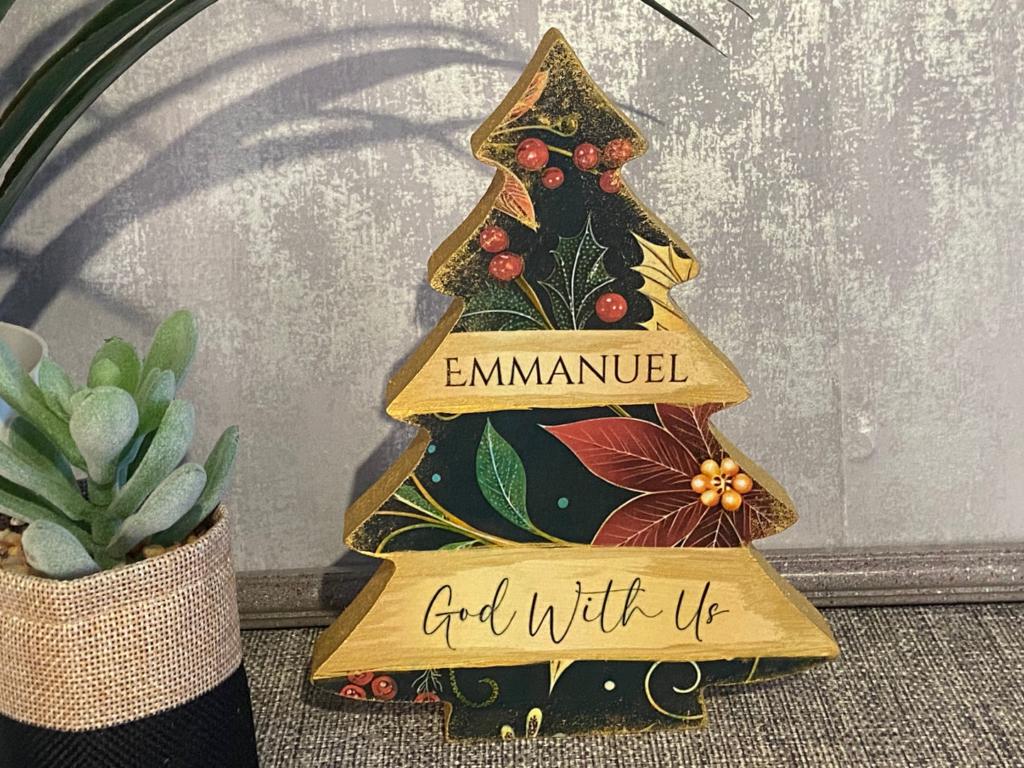 Christmas Tree Standalone Plaque 17.5cm high - Emmanuel 'God With Us'