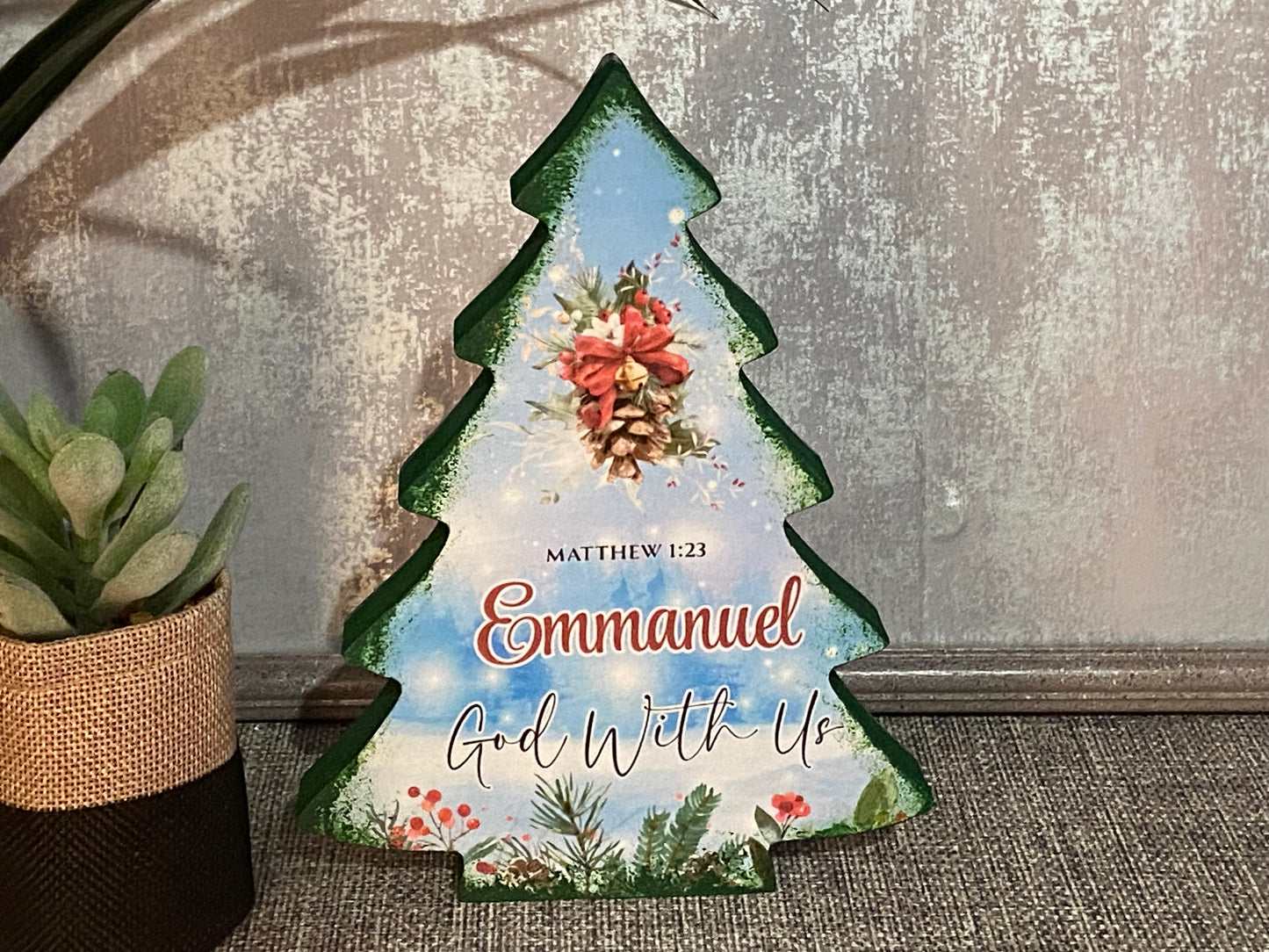 Christmas Tree Standalone Plaque 17.5cm high - Emmanuel 'God With Us' Matthew 1:23