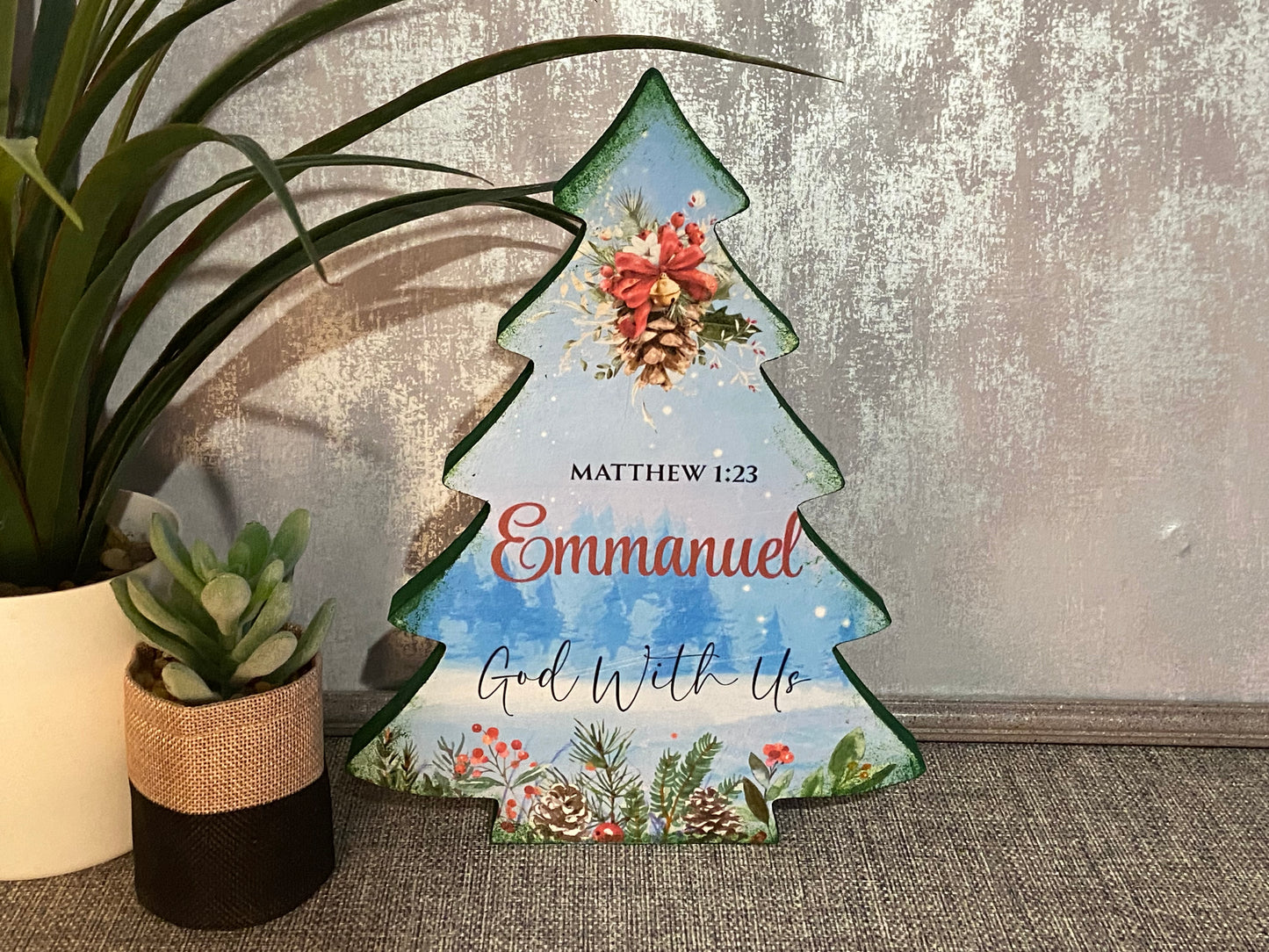 Christmas Tree Standalone Plaque 25cm high - Emmanuel 'God With Us' Matthew 1:23