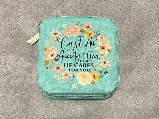 Cyan Travel Jewellery Box - Cast All Your Anxiety On Him Because He Cares For You 1 Peter 5:7