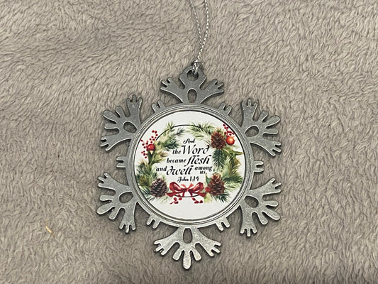 Metal Star Silver Hanging CHRISTmas decoration - And The Word Became Flesh John 1:14