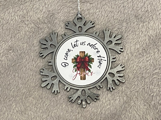 Metal Star Silver Hanging CHRISTmas decoration - O Come Let Us Adore Him - Jesus