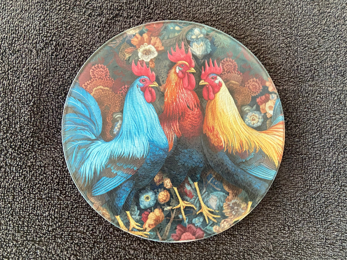 Round Glass Cutting Board - 20cm  - Roosters