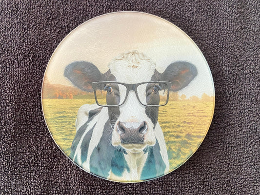 Round Glass Cutting Board - 20cm  - Cow with Glasses