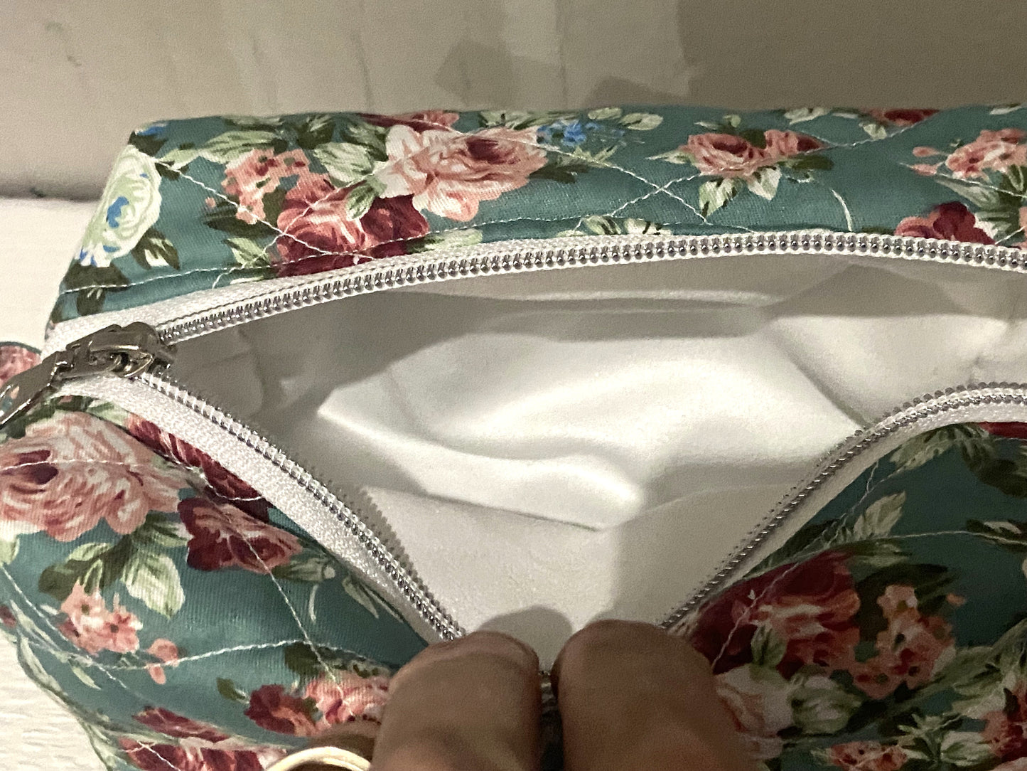 Quilted Boxy Pouch - Medium - Roses with Deep Teal background