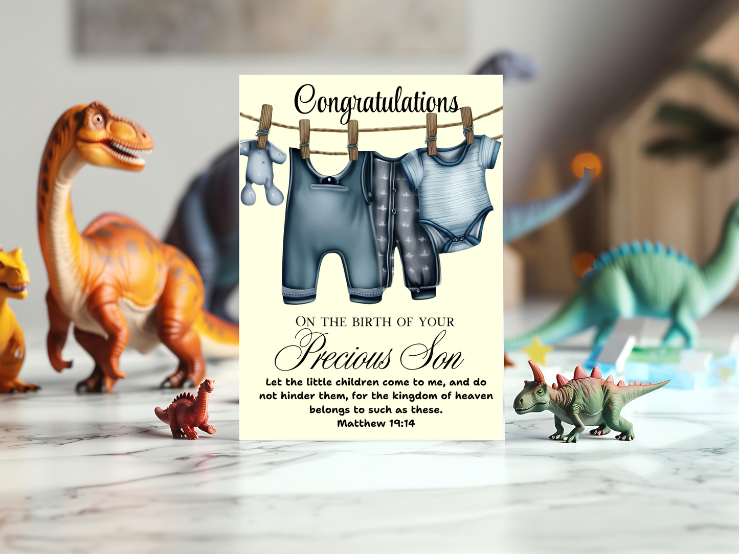 New Baby Son Card - Matthew 19:14 - But Jesus said, “Let the little children come to Me...