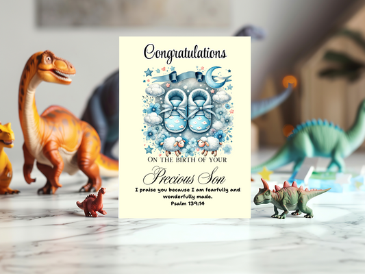 New Baby Son Card - Psalm 139:14 - I will praise You, for I am fearfully and wonderfully made