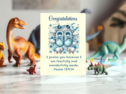New Baby Boy Card - Psalm 139:14 - I will praise You, for I am fearfully and wonderfully made