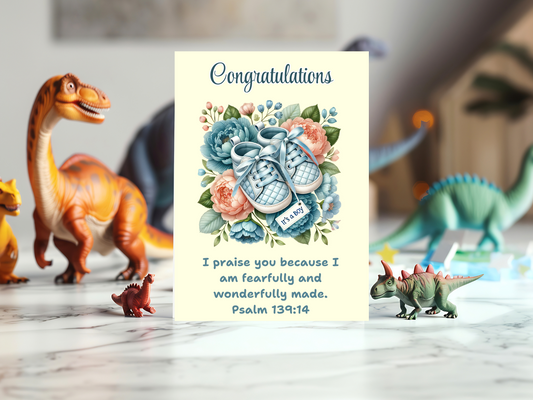 New Baby Boy Card - Psalm 139:14 - I will praise You, for I am fearfully and wonderfully made