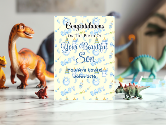 New Baby Son Card - John 3:16 - For God so loved the world that He gave His only begotten Son