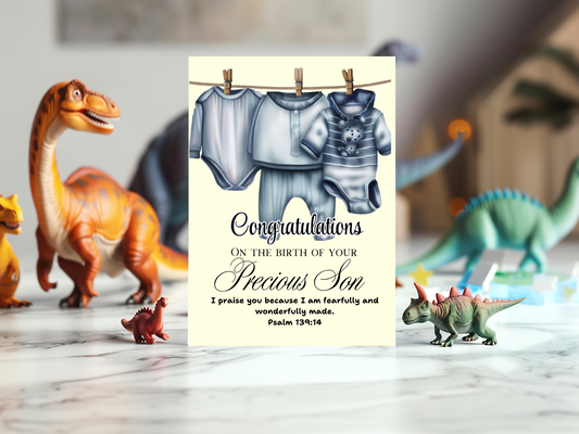 New Baby Son Card - Psalm 139:14 - I will praise You, for I am fearfully and wonderfully made