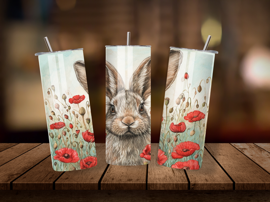 20oz Thermal Stainless Steel Tumbler & Straw, Rabbit in Poppy Field